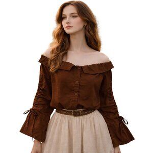 Forever 21 Ruffle Off Shoulder Top Flare Sleeves Brown Boho Prairie Womens L NEW